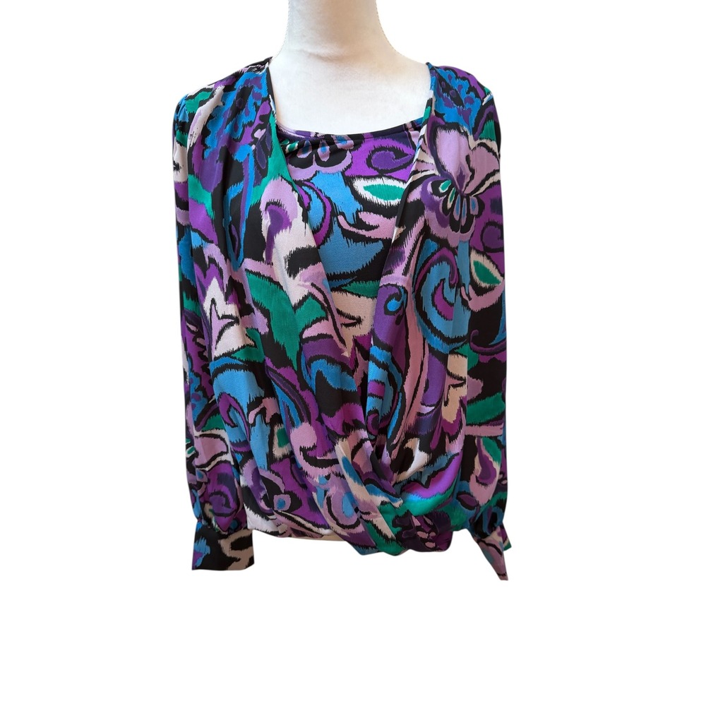 Susan Graver Abstract Print Draped Neck Long Sleeve‎ Blouse Women's M